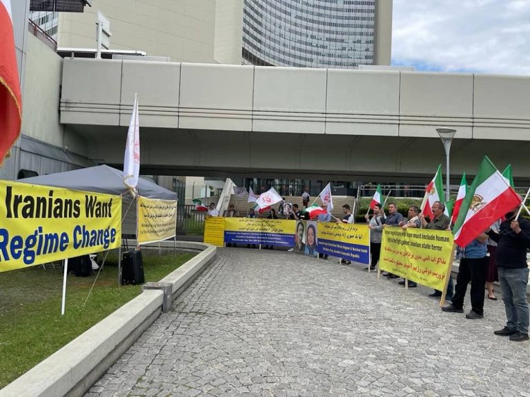 June 9, 2022—Vienna, Austria: Freedom-loving Iranians, supporters of the People’s Mojahedin Organization of Iran (PMOI/MEK), demonstrated against the nuclear program of the mullahs' regime for the fourth day in a row.