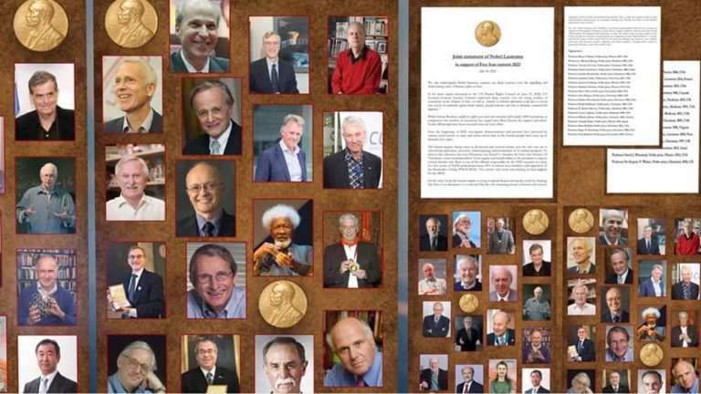 July 2022: Forty one Nobel Prize laureate issued a statement to support Free Iran World Summit 2022. While supporting the ten-point plan of Mrs. Maryam Rajavi, the president-elect of the National Council of Resistance of Iran (NCRI) for the future of Iran, the Nobel Prize laureates approved the demand of the Iranian demonstrators in the uprisings, who chanted: “Neither the Shah, nor the Mullah, damned be both of them”.