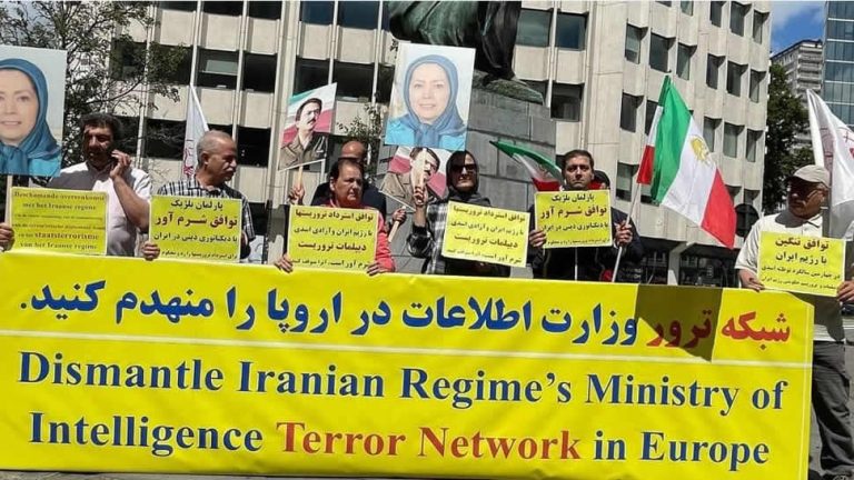 Brussels, July 1, 2022: Iranian Resistance supporters protest the announcement of the protocol agreement with Iran's regime about sending back the terrorists to the mullahs' regime.
