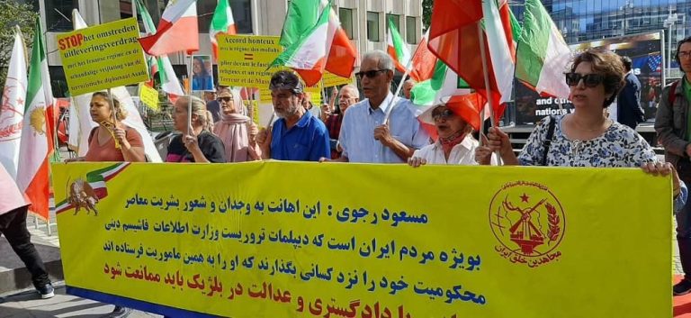 July 12, 2022, ‌Brussels: Protest rally and sit-in of freedom-loving Iranians, supporters of the People’s Mojahedin Organization of Iran (PMOI/MEK), against the shameful deal between Iran’s regime and Belgium government, continued for the seventh consecutive day.
