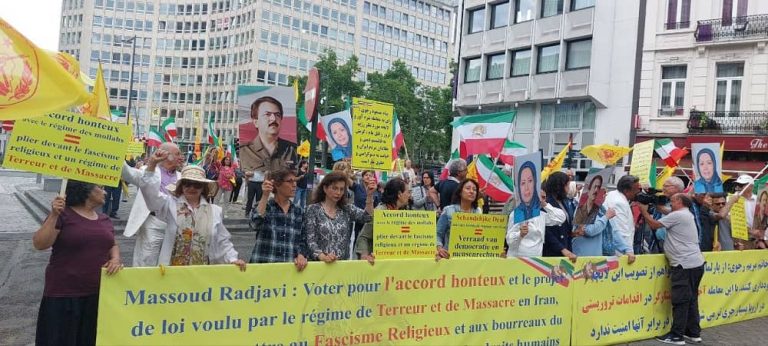 July 20, 2022, ‌Brussels: Protest rally and sit-in of freedom-loving Iranians, supporters of the People’s Mojahedin Organization of Iran (PMOI/MEK), in front of the Belgian parliament against the shameful deal between Iran’s regime and Belgium government, continued.