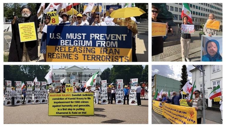 July 15, 2022: Iranian Resistance supporters continued to protest against the shameful deal of Iran’s regime and Belgium in different countries. Freedom-loving Iranians and supporters of the People’s Mojahedin Organization of Iran (PMOI/MEK) in the US, UK, Canada, Luxembourg, Denmark, Norway, and Sweden held rallies in protest to the shameful deal.