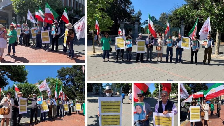 Northern California, Berkeley, July 1, 2022: Iranian community in Northern California, Berkeley (Iranian Resistance supporters) protested at UC Berkeley entrance against the shameful deal between the mullahs’ regime and the Belgian government.