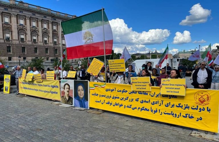 July 10, 2022: Protest rallies of freedom-loving Iranians, supporters of the People’s Mojahedin Organization of Iran (PMOI/MEK), against the shameful deal between Iran’s regime and Belgium continue in Stockholm.