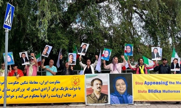 July 12, 2022, ‌Stockholm: Protest rally and sit-in of freedom-loving Iranians, supporters of the People’s Mojahedin Organization of Iran (PMOI/MEK), in front of the Belgian embassy in Stockholm, against the shameful deal between Iran’s regime and Belgium government, continued for the seventh consecutive day.