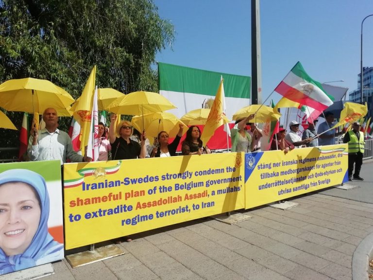 July 20, 2022, ‌Stockholm: Protest rally and sit-in of freedom-loving Iranians, supporters of the People’s Mojahedin Organization of Iran (PMOI/MEK), in front of the Belgian embassy in Stockholm, against the shameful deal between Iran’s regime and Belgium government, continued for the fourteenth consecutive day.