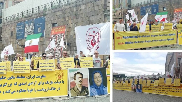 Stockholm, July 2, 2022: Freedom-loving Iranians, supporters of the People's Mojahedin Organization of Iran (PMOI/MEK) took place a rally in front of Sweden parliament against the shameful deal between the mullahs’ regime and the Belgian government.