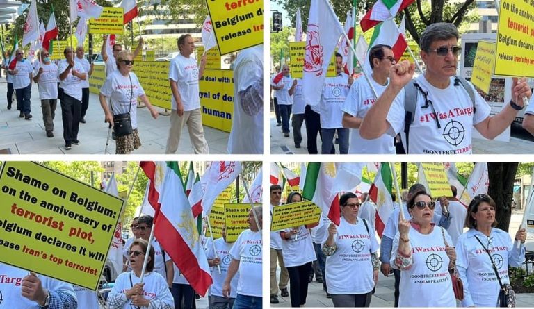 July 11, 2022, Washington, DC: Protest rally and sit-in of freedom-loving Iranians, supporters of the People’s Mojahedin Organization of Iran (PMOI/MEK), against the shameful deal between Iran’s regime and Belgium in front of the Belgian embassy continued for the sixth consecutive day.