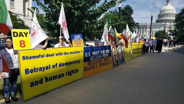 July 13, 2022, Washington, DC: The eighth day of the campaign to condemn the Belgian government’s shameful deal with Iran's regime continued as a rally outside the White House by freedom-loving Iranians and supporters of the People’s Mojahedin Organization of Iran (PMOI/MEK).