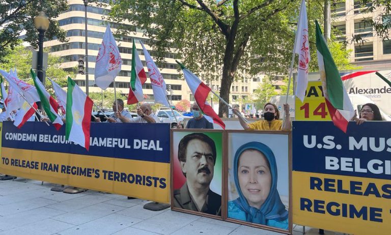 July 20, 2022, Washington, DC: The fourteenth day of the protest rally against the Belgian government’s shameful deal with Iran's regime continued as a rally in front of the Belgian embassy by freedom-loving Iranians and supporters of the People’s Mojahedin Organization of Iran (PMOI/MEK).