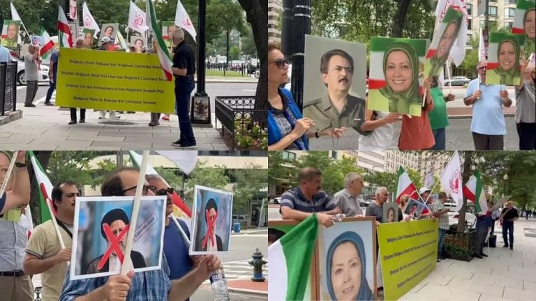 Washington, DC, July 1, 2022: Iranian community in Washington, DC (Iranian Resistance supporters) protests in front of the Belgian Embassy against the shameful deal between the mullahs’ regime and the Belgian government.