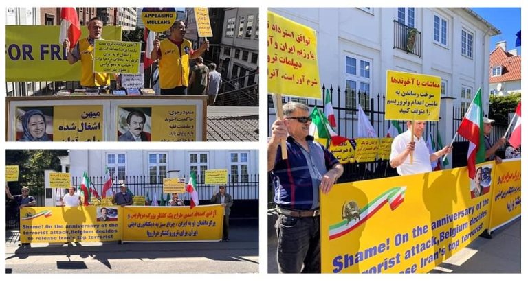 Denmark, August 13, 2022: Freedom-loving Iranians and supporters of the People's Mojahedin Organization of Iran (PMOI/MEK)rallied in Copenhagen and Aarhus, against the mullahs' regime ruling Iran.