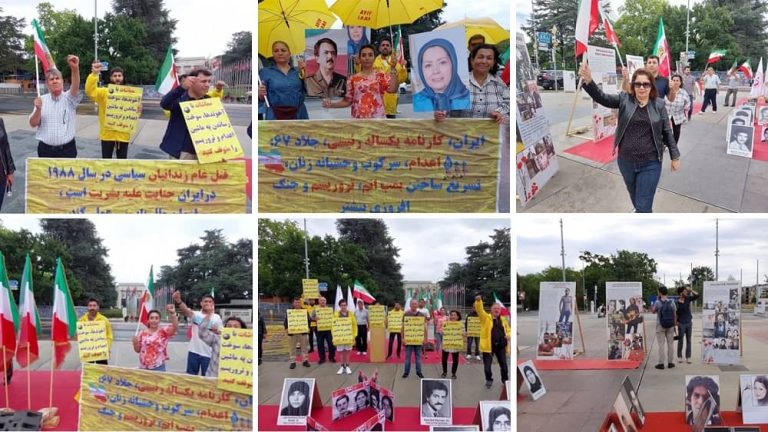 Switzerland, Geneva, July 29, 2022: On the anniversary of the 1988 massacre, in memory of 30,000 political prisoners who were executed by the mullahs' regime, freedom-loving Iranians, supporters of the People's Mojahedin Organization of Iran (PMOI/MEK), held a photo exhibition in the Square of Nations.