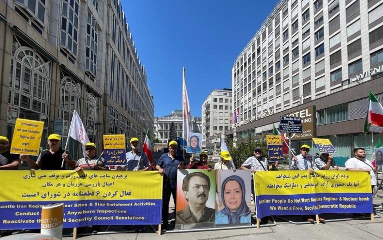 Vienna, August 4, 2022: At the same time as the start of a new round of nuclear talks in Vienna, freedom-loving Iranians and supporters of the People's Mojahedin Organization of Iran (PMOI/MEK) held a protest rally against the negotiations with the mullahs' terrorist regime on Thursday, August 4.