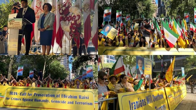 New York, September 21, 2022: Freedom-loving Iranians and supporters of the Iranian Resistance (NCRI and MEK) held a large demonstration in front of the U.N. headquarter against the presence of the mass murderer Ebrahim Raisi in the U.N.