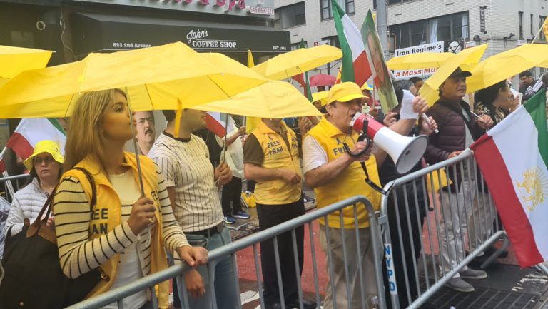 New York, September 22, 2022: Freedom-loving Iranians and supporters of the Iranian Resistance (NCRI and MEK) held a demonstration in front of the Hotel of the mass murderer Ebrahim Raisi.
