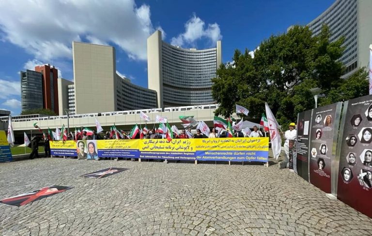 September 12, 2022 – Vienna: At the same time as the Board of Governors of the International Atomic Energy Agency (IAEA) meeting, freedom-loving Iranians, supporters of the National Council of Resistance of Iran (NCRI), and the People's Mojahedin Organization of Iran (PMOI/MEK) held a protest rally in Muhammad-Asad-Platz square.