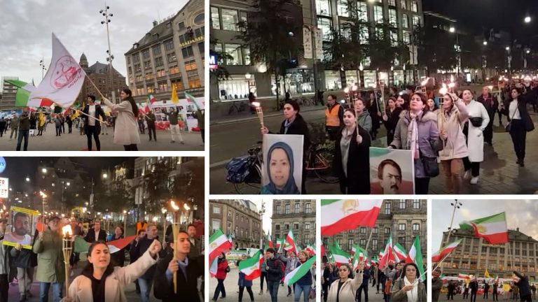 Amsterdam, the Netherlands—October 8, 2022: Freedom-loving Iranians and supporters of the People's Mojahedin Organization of Iran (PMOI/MEK) held a rally in Amsterdam to express solidarity with the nationwide Iran Protests. They protested the suppression of the current uprising across Iran by the mullahs’ regime.  