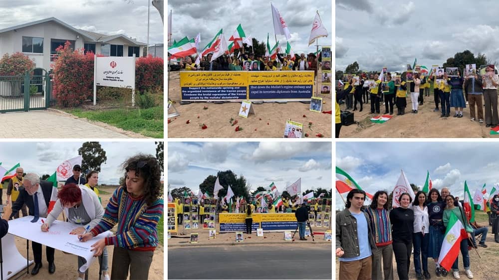 Australia, – October 4, 2022: Freedom-loving Iranians and supporters of the People's Mojahedin Organization of Iran (PMOI/MEK) held a protest gathering in Canberra in front of the mullahs' regime embassy to express solidarity with the nationwide Iran Protests. They protested the suppression of the current uprising across Iran.