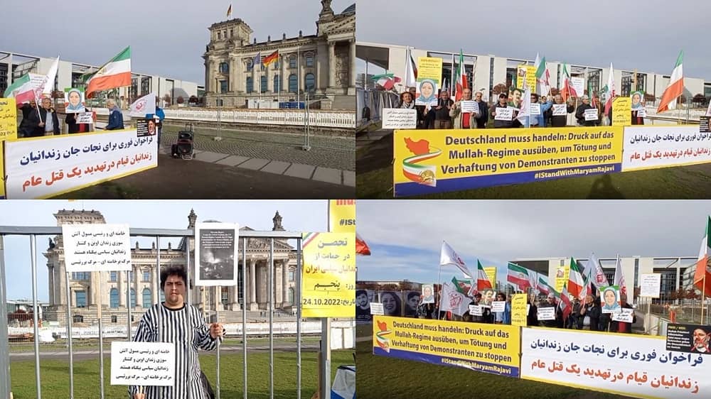 Berlin, October 24, 2022: Freedom-loving Iranians and supporters of the People's Mojahedin Organization of Iran (PMOI/MEK) continue to rally in front of the Bundestag in solidarity with the Iranian people's uprising and political prisoners.