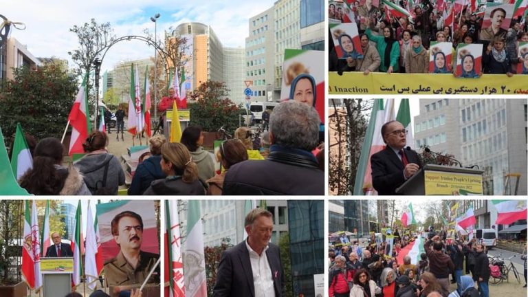 Belgium, Brussels—October 21, 2022: Supporters of the National Council of Resistance of Iran (NCRI) and the People's Mojahedin Organization of Iran (PMOI/MEK) staged a large demonstration in front of the European Union summit in solidarity with the Iranian people's uprising.