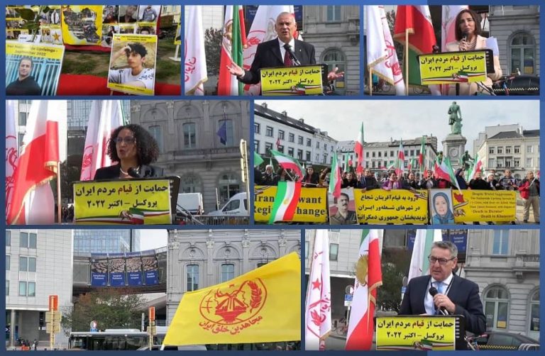 Belgium, Brussels—October 12, 2022: Iranian Resistance Supporters (NCRI and MEK) Demonstration in Support of the Iran Protests in Front of the European Parliament.