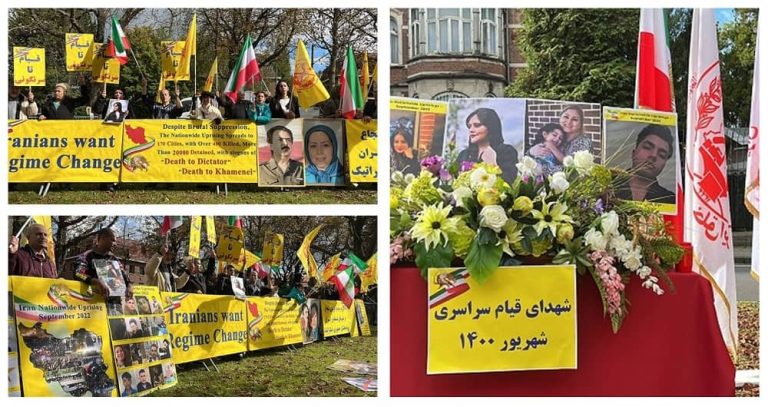 Brussels, October 3, 2022: Freedom-loving Iranians and supporters of the People's Mojahedin Organization of Iran (PMOI/MEK) held a protest gathering in front of the mullahs' regime embassy to express solidarity with the nationwide Iran Protests. They protested the suppression of the current uprising across Iran. 