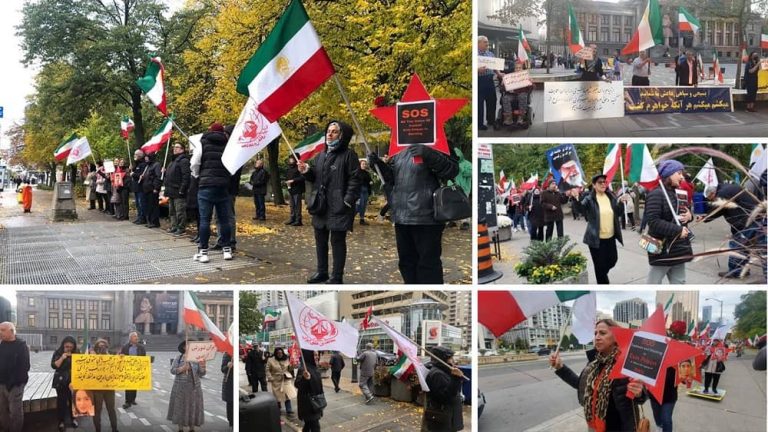 Canada—October 16, 2022: Freedom-loving Iranians and supporters of the People's Mojahedin Organization of Iran (PMOI/MEK) held rallies in Toronto and Vancouver in solidarity with the Iranian people's uprising and against the brutal attack on Tehran’s notorious Evin Prison by the mullahs’ regime.