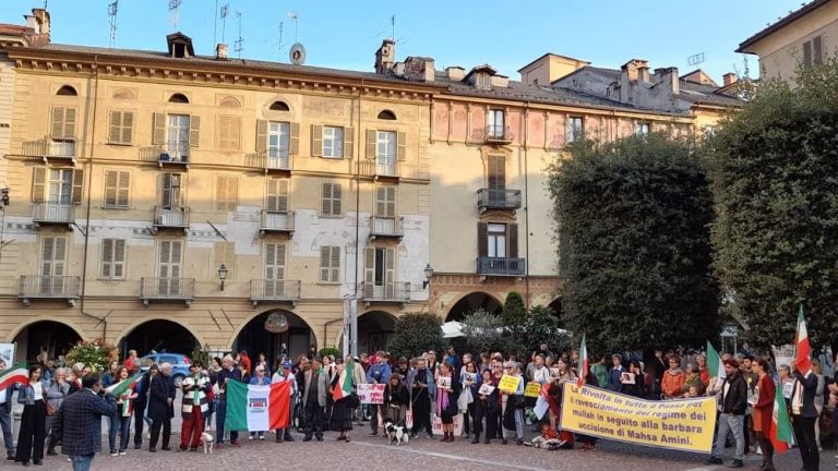Italy, Cuneo– October 6, 2022: Freedom-loving Iranians and supporters of the Iranian Resistance (NCRI and MEK), accompanied by a group of citizens of Italy, held a rally supporting Iran's nationwide protests in the city of Cuneo.