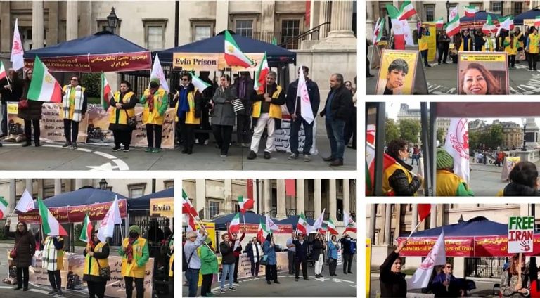 October 21, 2022: Freedom-loving Iranians and supporters of the People's Mojahedin Organization of Iran (PMOI/MEK) and some UK citizens continue to rally in Trafalgar Square in solidarity with the Iranian people's uprising.
