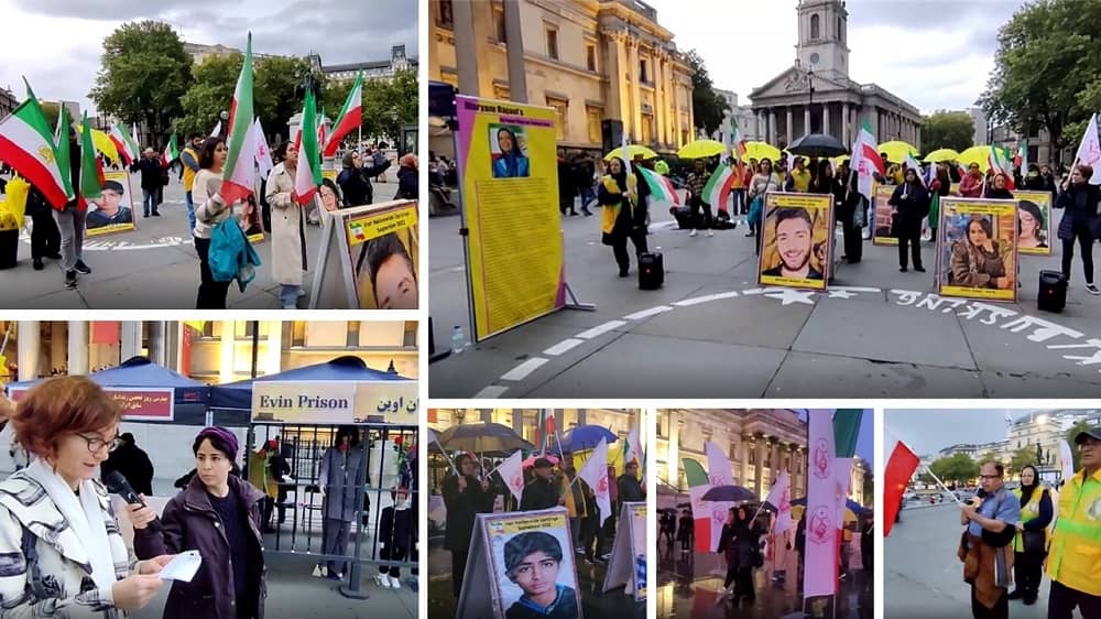 London—October 23, 2022: Iranian Resistance Supporters Continue to Rally in Trafalgar Square in Support of the Iran Protests
