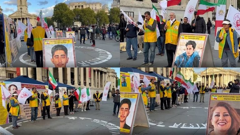 London, October 24, 2022: Freedom-loving Iranians and supporters of the People's Mojahedin Organization of Iran (PMOI/MEK) and some UK citizens continue to rally in Trafalgar Square in solidarity with the Iranian people's uprising and political prisoners.