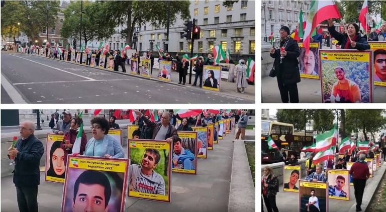 England, London– October 7, 2022: Freedom-loving Iranians and supporters of the People's Mojahedin Organization of Iran (PMOI/MEK) held a protest gathering in London to express solidarity with the nationwide Iran Protests. They protested the suppression of the current uprising across Iran. 