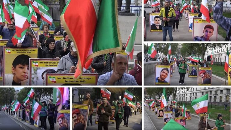 England, London– October 8, 2022: Freedom-loving Iranians and supporters of the People's Mojahedin Organization of Iran (PMOI/MEK) held a protest rally in London to express solidarity with the nationwide Iran Protests. Iranians protested the suppression of the current uprising across Iran by the mullahs' regime. 