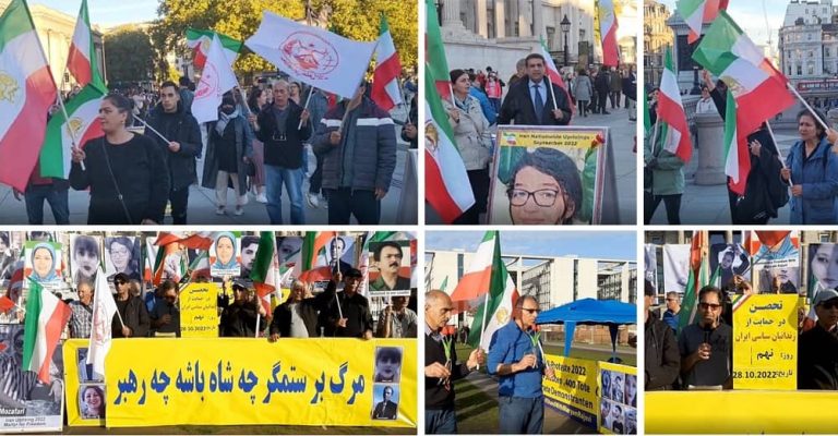 October 28, 2022: Freedom-loving Iranians and supporters of the People's Mojahedin Organization of Iran (PMOI/MEK) continue their sit-ins and rallies in solidarity with the Iranian people's uprising and political prisoners in Berlin, and London.