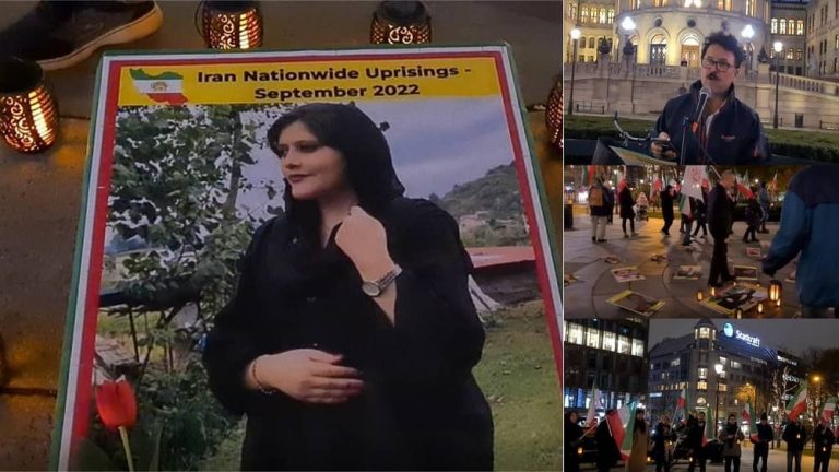 Norway, Oslo—October 26, 2022: Freedom-loving Iranians and supporters of the People's Mojahedin Organization of Iran (PMOI/MEK) held a rally in solidarity with the Iranian people's uprising. They paid tribute to Mahsa Amini and those who have fallen in Iran in the past 40 days.