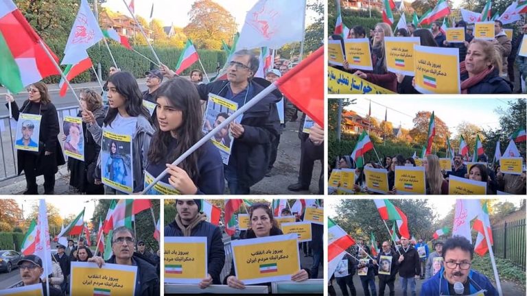 Norway, Oslo—October 11, 2022: Freedom-loving Iranians and supporters of the People's Mojahedin Organization of Iran (PMOI/MEK) held a rally in front of Iran's regime embassy to express solidarity with the nationwide Iran Protests. They protested the suppression of the current uprising across Iran by the mullahs’ regime. 