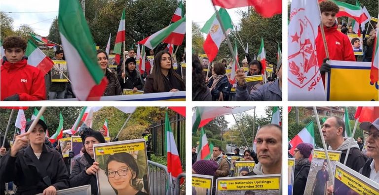 Norway, Oslo—October 13, 2022: Freedom-loving Iranians and supporters of the People's Mojahedin Organization of Iran (PMOI/MEK) continued their rally in front of the terror embassy of the Iranian regime in Norway to express solidarity with the nationwide Iran Protests. They condemned the brutal suppression of protesters by the mullahs' regime.