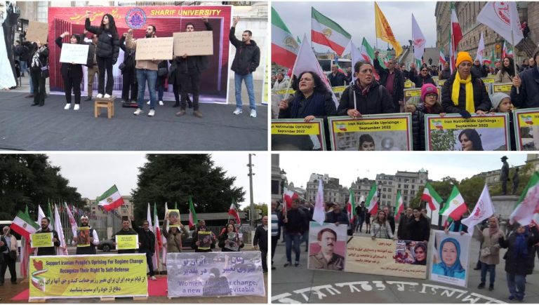 October 16, 2022: Freedom-loving Iranians and supporters of the People's Mojahedin Organization of Iran (PMOI/MEK) demonstrated in London, Stockholm, and Geneva to express solidarity with the nationwide Iran Protests and against the brutal attack on Tehran’s Evin Prison.