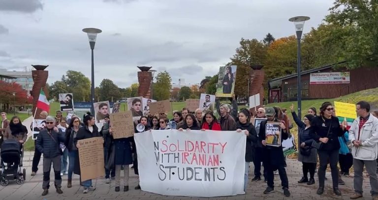 Sweden, Stockholm– October 6, 2022: Freedom-seeking Iranians and supporters of the Iranian Resistance (NCRI and MEK), accompanied by a group of students and citizens of Sweden, held a rally supporting Iran's nationwide protests at Stockholm University.