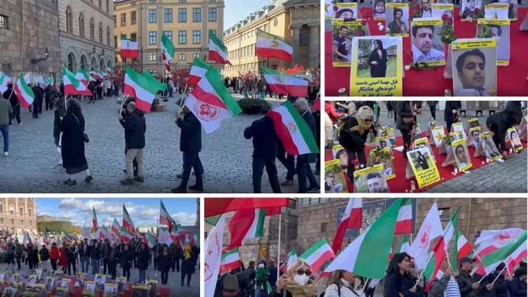 Sweden, Stockholm– October 8, 2022: Freedom-loving Iranians and supporters of the People's Mojahedin Organization of Iran (PMOI/MEK) held a protest gathering in front of Sweden's Parliament to express solidarity with the nationwide Iran Protests. They protested the suppression of the current uprising across Iran. 