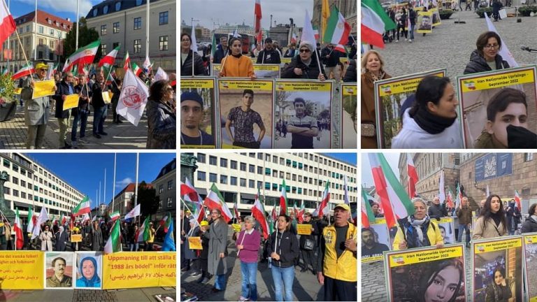 Sweden—October 15-16, 2022: Freedom-loving Iranians and supporters of the People's Mojahedin Organization of Iran (PMOI/MEK) held rallies in Stockholm and Gothenburg in solidarity with the Iranian people's uprising and against the brutal attack on Tehran’s notorious Evin Prison by the mullahs’ regime.