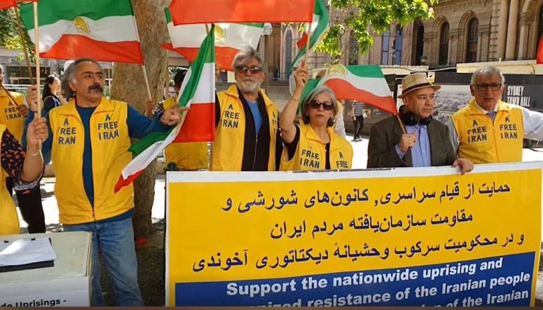 Sydney, Australia—October 15, 2022: Freedom-loving Iranians and supporters of the People's Mojahedin Organization of Iran (PMOI/MEK) held a rally in solidarity with the Iranian people's uprising.