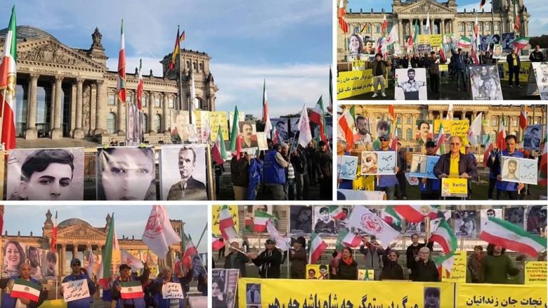 Berlin—November 1, 2022: Freedom-loving Iranians and supporters of the People's Mojahedin Organization of Iran (PMOI/MEK) continue to sit-in and rally in front of the Bundestag in solidarity with the Iranian people's uprising and political prisoners.