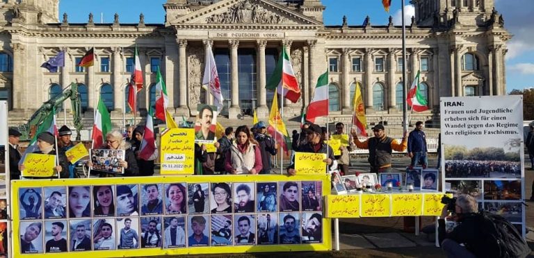 Berlin—November 5, 2022: Freedom-loving Iranians and supporters of the People's Mojahedin Organization of Iran (PMOI/MEK) continue to sit-in and rally in front of the Bundestag in solidarity with the Iranian people's uprising and political prisoners.