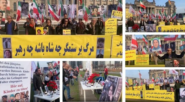Berlin, October 31, 2022: Freedom-loving Iranians and supporters of the People's Mojahedin Organization of Iran (PMOI/MEK) continue to sit-in and rally in front of the Bundestag in solidarity with the Iranian people's uprising and political prisoners.