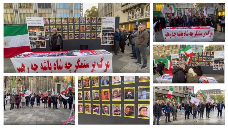 Germany, Cologne—November 12, 2022: Freedom-loving Iranians and supporters of the People's Mojahedin Organization of Iran (PMOI/MEK) held a rally in solidarity with the Iranian people's uprising.