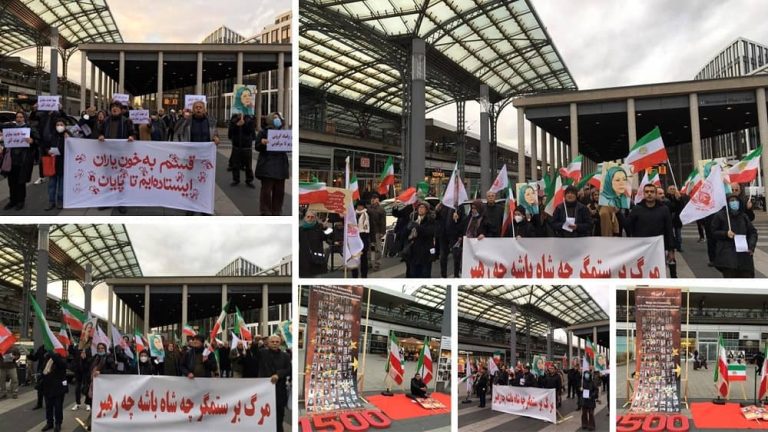 Germany, Cologne—November 17, 2022: Freedom-loving Iranians and supporters of the People's Mojahedin Organization of Iran (PMOI/MEK) continue to sit-in and rally in solidarity with the Iranian people's uprising. They also commemorated the anniversary of the November 2019 uprising in Iran.