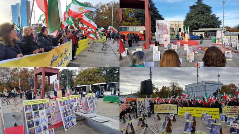 Geneva, Switzerland—November 24, 2022: At the same time as the 35th special session, the UN Human Rights Council, freedom-loving Iranians and supporters of the Iranian Resistance (NCRI and MEK) gathered in front of the European headquarters of the United Nations in Geneva to support the nationwide uprising of the Iranian people.