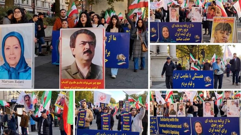 London—November 15, 2022: Freedom-loving Iranians and supporters of the People's Mojahedin Organization of Iran (PMOI/MEK) held a demonstration supporting the Iranian people's uprising and Its organized Resistance.